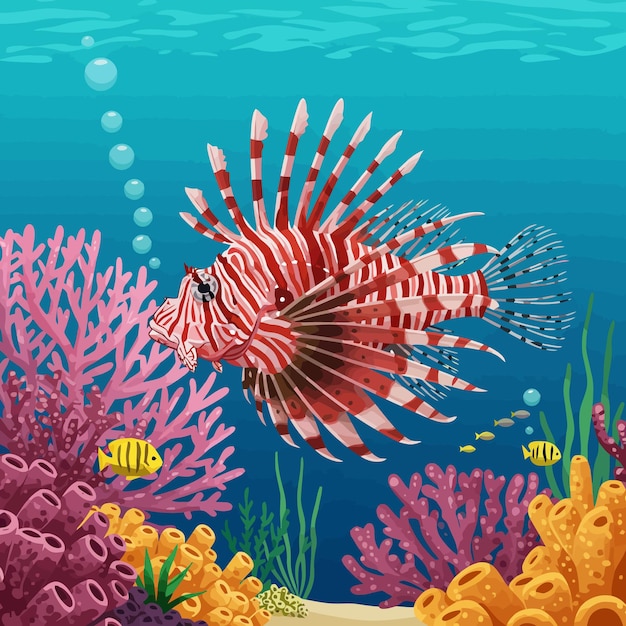 Lionfish pływa w pobliżu rafy koralowej z innymi rybami w oceanie