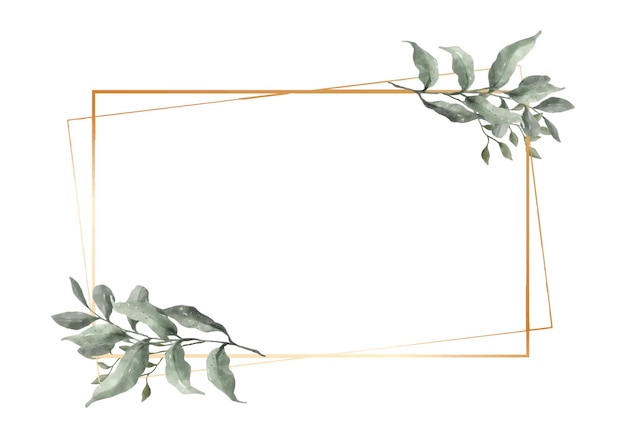 Liść zieleni Akwarela z geometryczną luksusową złotą ramą na białym tle Naturalne obramowanie zaproszenia ślubnego i ilustracji wektorowych karty