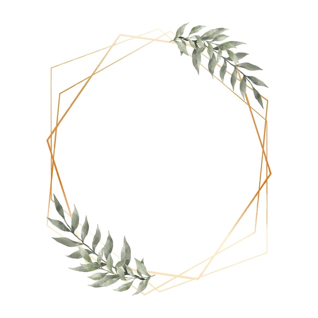 Liść zieleni Akwarela z geometryczną luksusową złotą ramą na białym tle Naturalne obramowanie zaproszenia ślubnego i ilustracji wektorowych karty