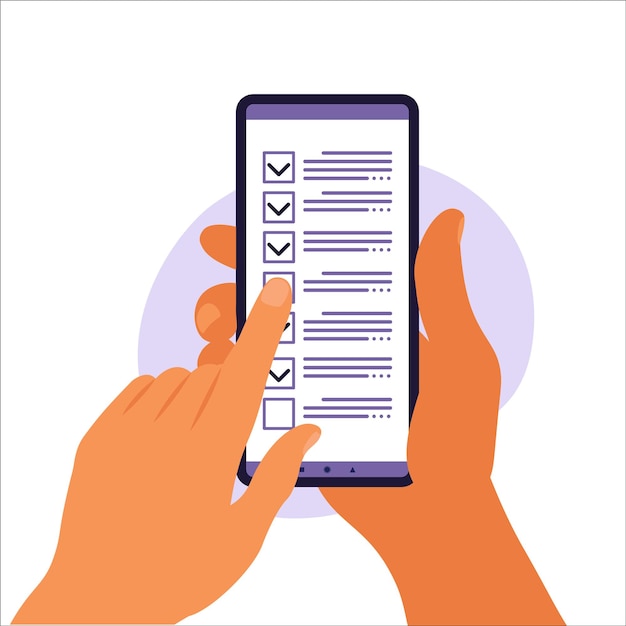 Lista kontrolna na ekranie smartfona. Koncepcja ankiety online. Ręka trzyma telefon komórkowy i listę kontrolną z zaznaczeniem. Ilustracja wektorowa. Mieszkanie