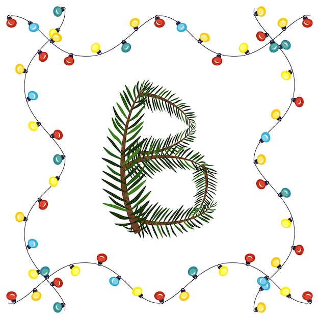 Litera B Z Zielonych Gałęzi Choinki. świąteczna Czcionka I Ramka Z Girlandy, Symbol Szczęśliwego Nowego Roku I świąt Bożego Narodzenia, Znak Z Alfabetu
