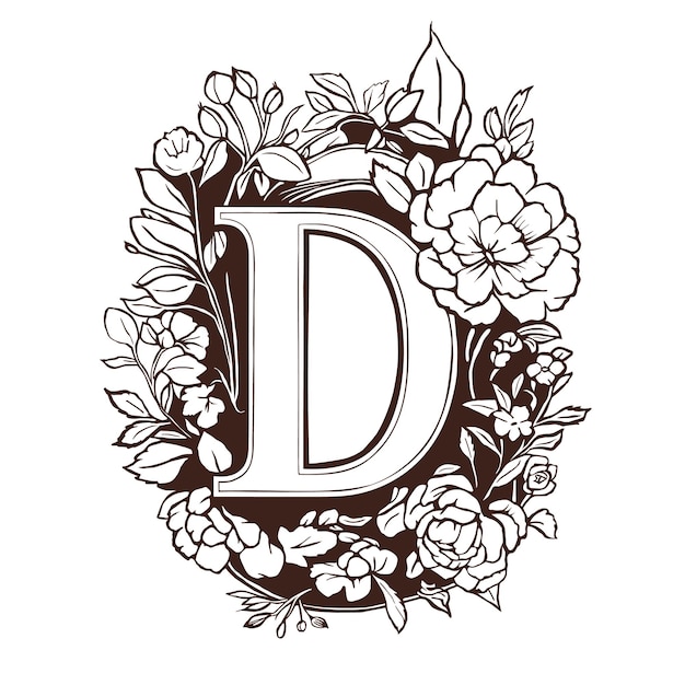 Litera D kwiatowy monogram Vintage ornament początkowy styl spirali alfabetu