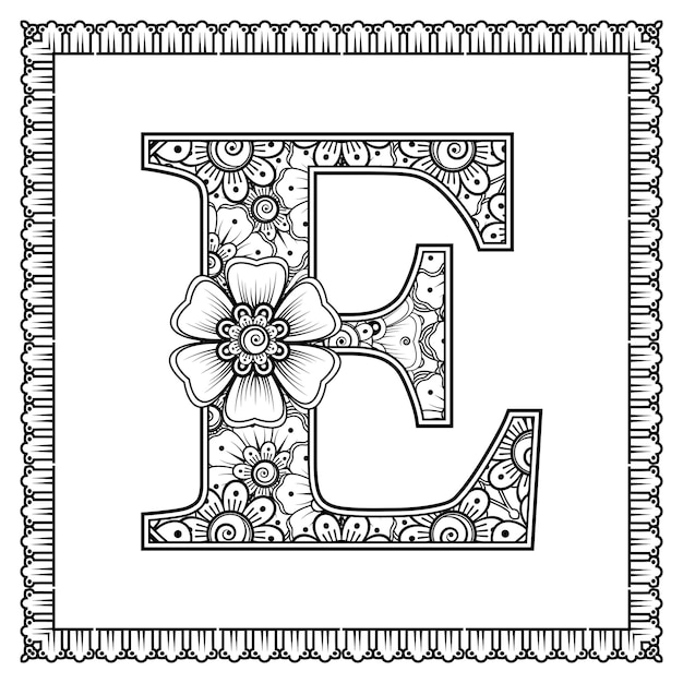 Litera E wykonana z kwiatów w stylu mehndi, kolorowanie książki stronę konspektu handdraw ilustracji wektorowych