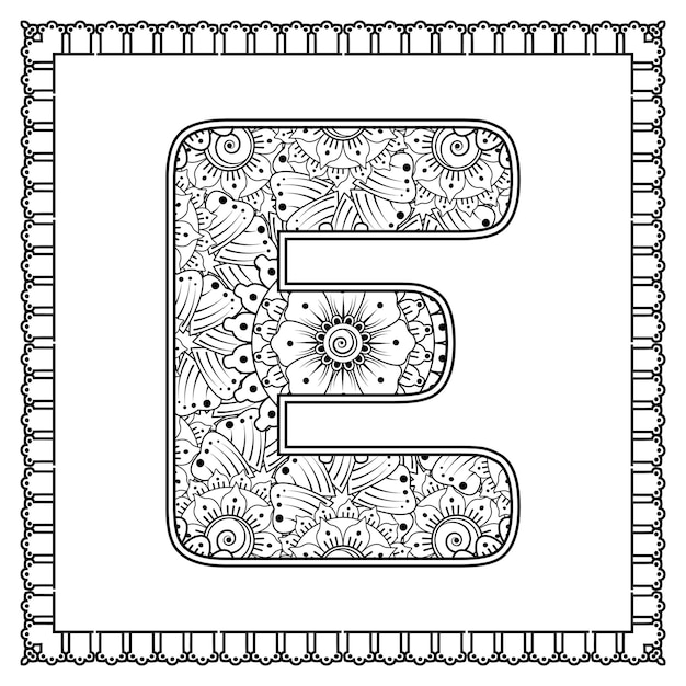 Litera E z kwiatów w stylu mehndi, kolorowanie książki stronę konspektu handdraw ilustracji wektorowych