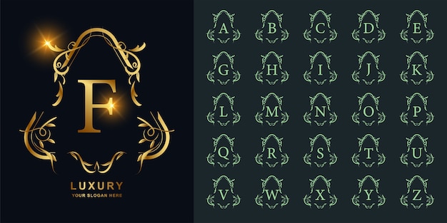 Litera F Lub Początkowy Alfabet Kolekcji Z Luksusowym Ornamentem Kwiatowy Rama Złoty Szablon Logo.