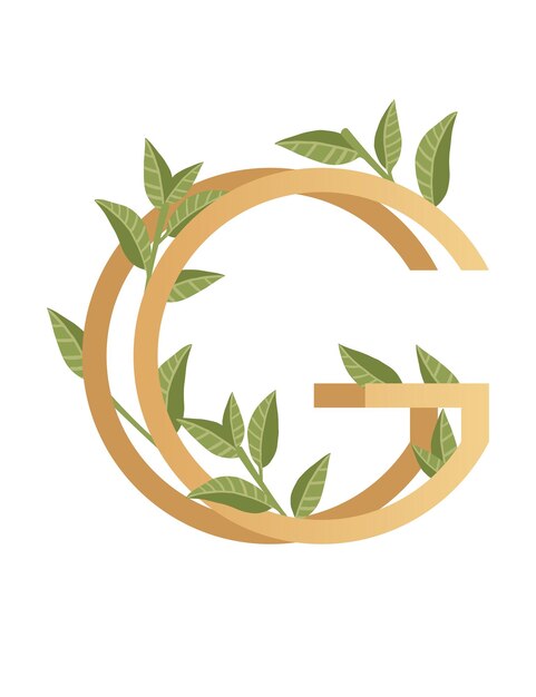 Plik wektorowy litera g z beżowym kolorem w stylu gradientu pokrytym zielonymi liśćmi eko czcionką płaską wektorową ilustracją na białym tle