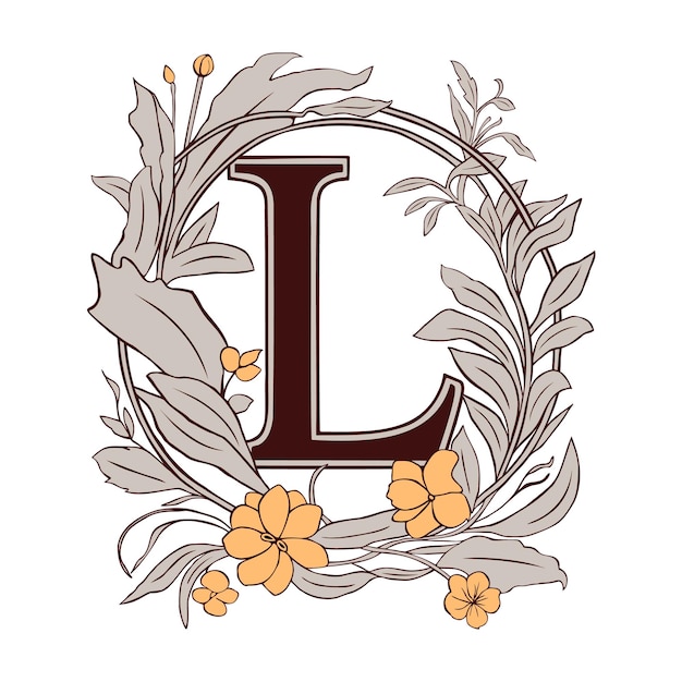 Litera L Kwiatowy Monogram Vintage Ornament Początkowy Styl Spirali Alfabetu