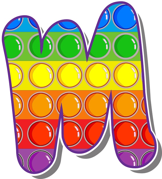 Plik wektorowy litera m. rainbow kolorowe litery w formie popularnej dziecięcej gry pop it. jasne litery na białym tle. jasne litery na białym tle.