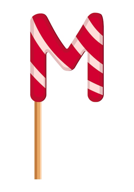 Litera M z czerwono-białych lizaków w paski. Świąteczna czcionka lub dekoracja na wakacje lub imprezę. Płaskie ilustracji wektorowych
