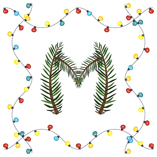 Litera M Z Zielonych Gałęzi Choinki. świąteczna Czcionka I Ramka Z Girlandy, Symbol Szczęśliwego Nowego Roku I świąt Bożego Narodzenia, Znak Z Alfabetu