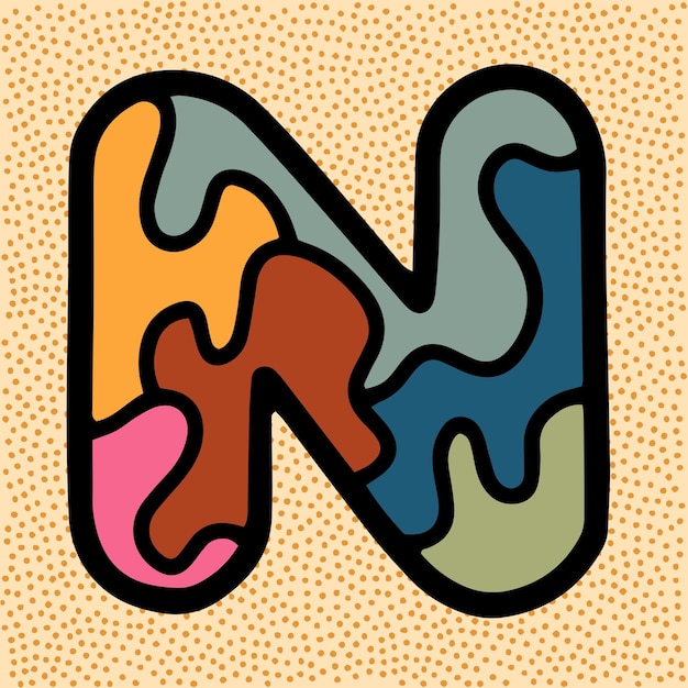 Litera N vintage retro czcionka z witrażowym wzorem puzzle mozaika kalejdoskop w stonowanych kolorach