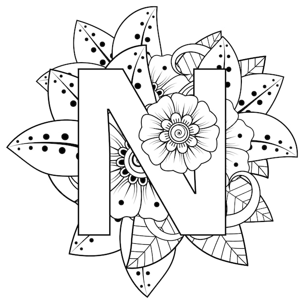 Litera N Z Dekoracyjnym Ornamentem Kwiatowym Mehndi W Etnicznym Stylu Orientalnym Kolorowanka