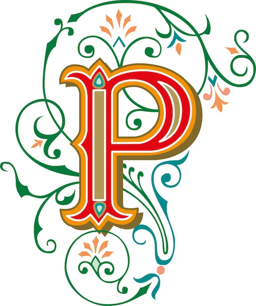 Plik wektorowy litera p kwiatowy monogram. kolorowy ornament vintage początkowy styl przewijania spirali alfabetu.