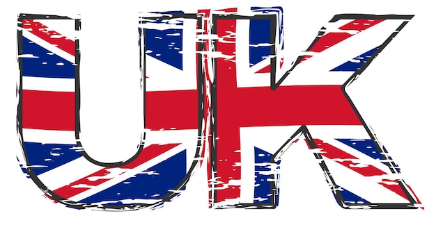 Plik wektorowy litery uk z flagą british union jack pod nim, wygląd grunge w trudnej sytuacji.