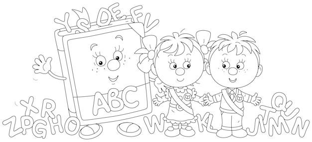 Plik wektorowy little boy and girl graduates of kindergarten and a funny cartoon character abc book with letters