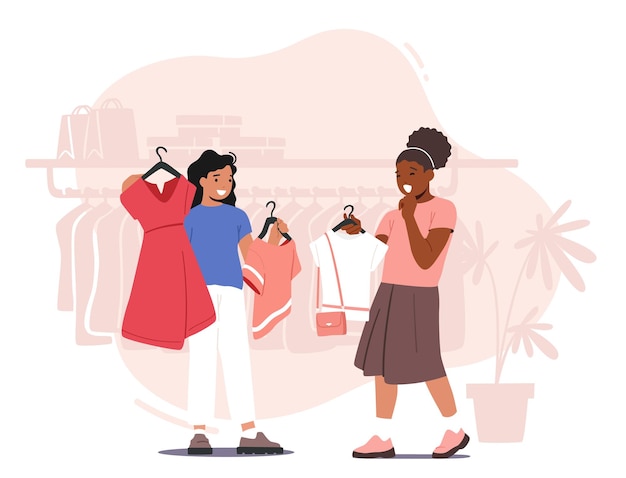 Little Girl Friends Wybierają Zmianę I Dopasowanie Ubrań W Kolekcji Boutique Kids Fashion Dress W Apparel Store