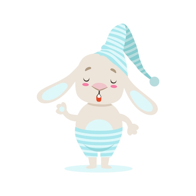 Little Girly Cute White Pet Bunny W Stripy Blue Night Hat Postać Z Kreskówki Ilustracja Sytuacji życiowej