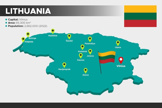 Litwa Izometryczna Mapa Ilustracyjna 3d Flaga Stolic Obszaru Populacji I Mapa Litwy