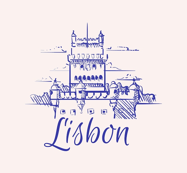 Lizbona Szkic Panoramę Lizbony Ręcznie Rysowane Wektor Ilustracja Izolowany Na Białym Tle