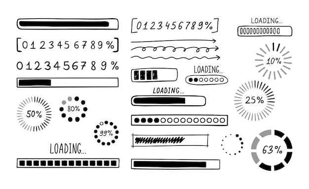 Loading bar doodle set Hand drawn element line loading sketch style Slow isolated download speed progress status and internet load bar concept