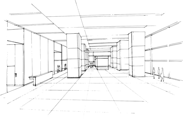 Lobby office sketch drawingoffice hall areanowoczesny designvector2d illustration