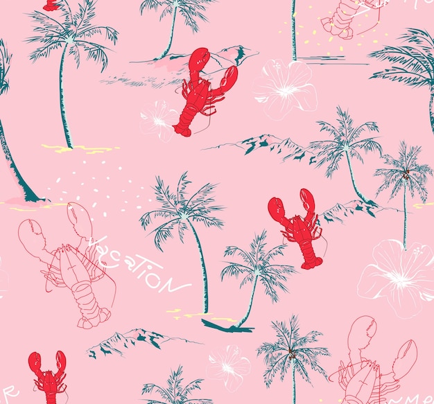 Plik wektorowy lobster summer beach tropical palm island ręcznie rysowany ilustracja wektorowa bezszwowy wzór na turkusie.