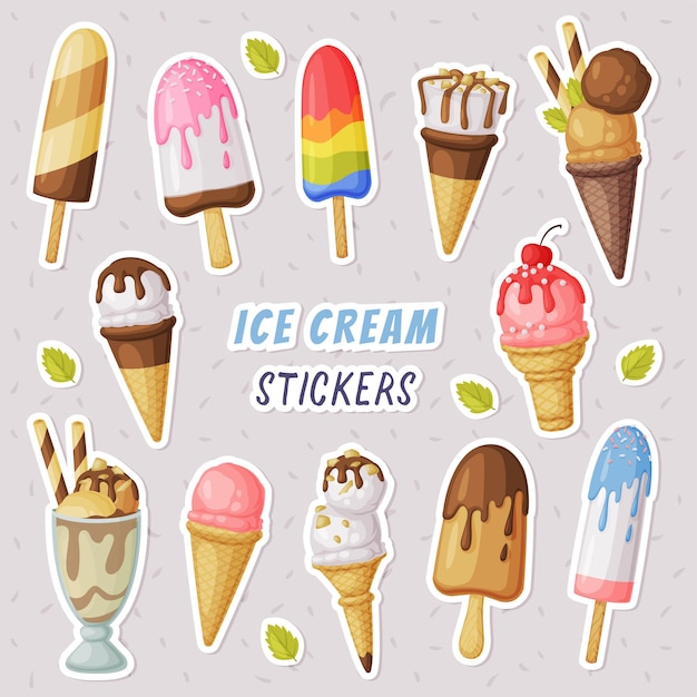 Lody i nalepki na lody zestaw słodkie smaczne kolorowe zimne desery etykiety wektor kreskówki