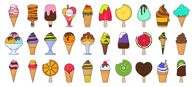 Plik wektorowy lody kolor wektor zestaw ikonawektor ilustracja ikona lody czekoladowe w rożkuizolowany kolor zestaw lody waniliowe