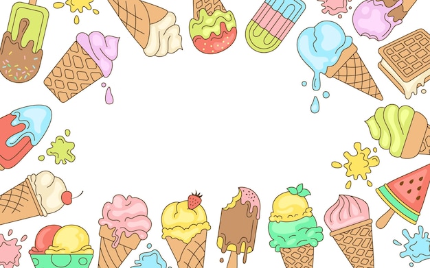 Lody z życzeniami jasna linia, słodkie tło tekstu. Czekolada, wanilia doodle lody w rożku owoc, mięta, jagoda