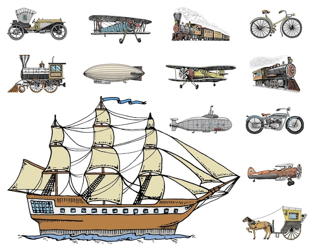 Plik wektorowy Łódź podwodna i samochód motocykl przewóz konny sterowiec lub sterowiec balon samoloty lokomotywa kaczan kukurydzy grawerowane ręcznie rysowane w starym stylu szkicu vintage pasażerów transport