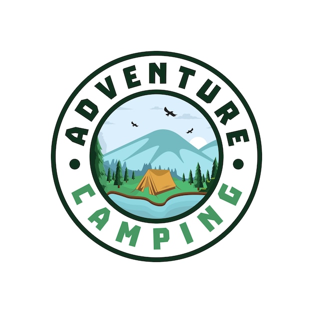 Loga Dla Camping Mountain Adventure, Emblematy I Odznaki. Szablon Projektu Ilustracji Wektorowych Lasu