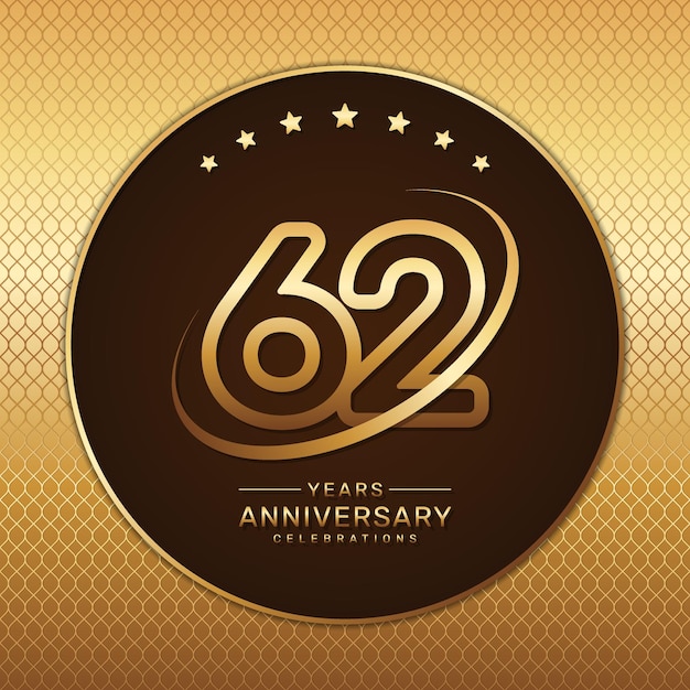 Plik wektorowy logo 62. rocznicy ze złotym numerem i pierścieniem wyizolowanym na złotym tle wzoru