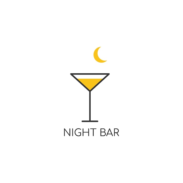 Logo Alkoholu. Logo Dla Baru, Sklepu, Restauracji. Kieliszek Martini Z żółtym Płynem Na Białym Tle Z Sierpem Księżyca Z Napisem „bar Nocny”. Wektor Symbol Ilustracji.