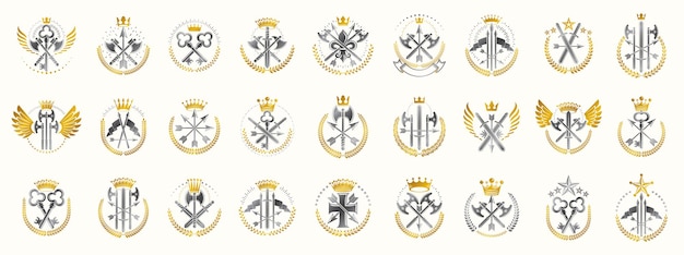 Logo Broni Duży Zestaw Wektorowy, Kolekcja Vintage Heraldycznych Emblematów Wojskowych, Elementy Heraldyki W Klasycznym Stylu, Starożytne Symbole Włóczni I Siekier.