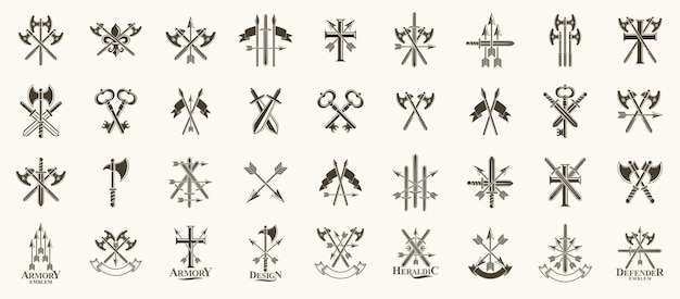 Plik wektorowy logo broni duży zestaw wektorowy, kolekcja vintage heraldycznych emblematów wojskowych, elementy projektu heraldyki w klasycznym stylu, starożytne symbole włóczni i siekier.