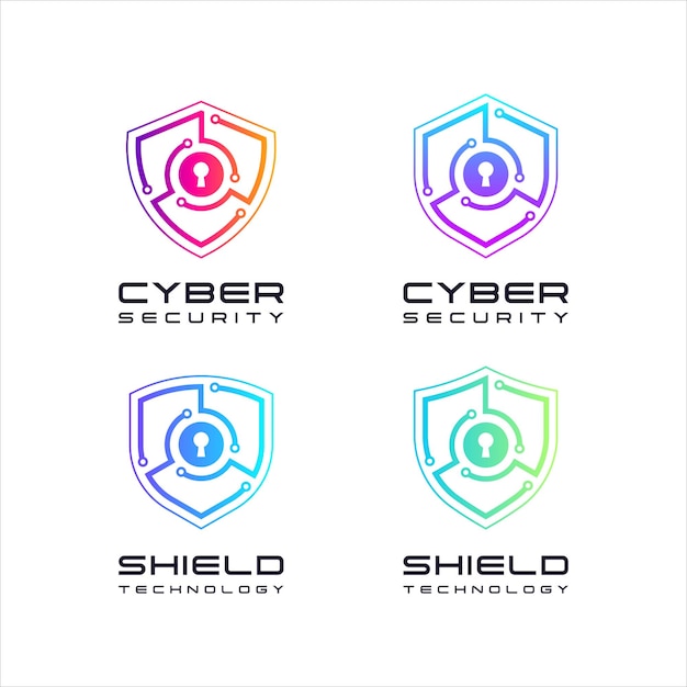 Logo Cyber Security Shield i kłódka z dziurką od klucza z liniami i kropkami dla technologii cyfrowej