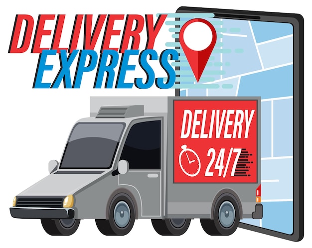 Plik wektorowy logo delivery express z panelem van i wyświetlaczem smartfona