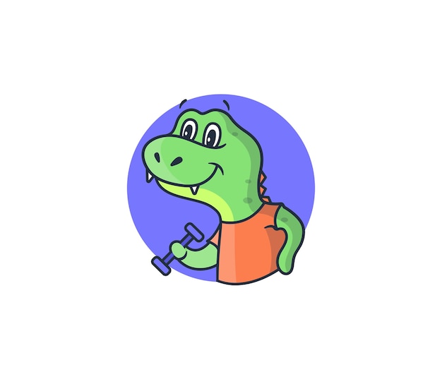 Logo Dinozaura W Fioletowym Kółku. Animowany Sportowy Dinozaur Z Hantlami W Pomarańczowej Koszulce.