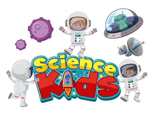 Logo Dla Dzieci Science Z Astronautów I Obiektów Kosmicznych Na Białym Tle