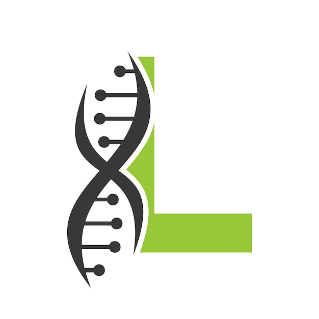 Logo DNA na literze L Wektorowy szablon dla symbolu opieki zdrowotnej