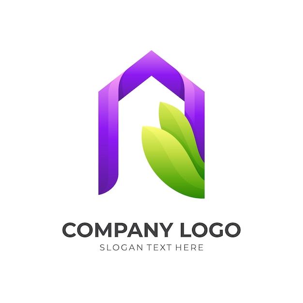 Plik wektorowy logo domu natury, dom i liść, logo kombinacji z kolorowym stylem 3d