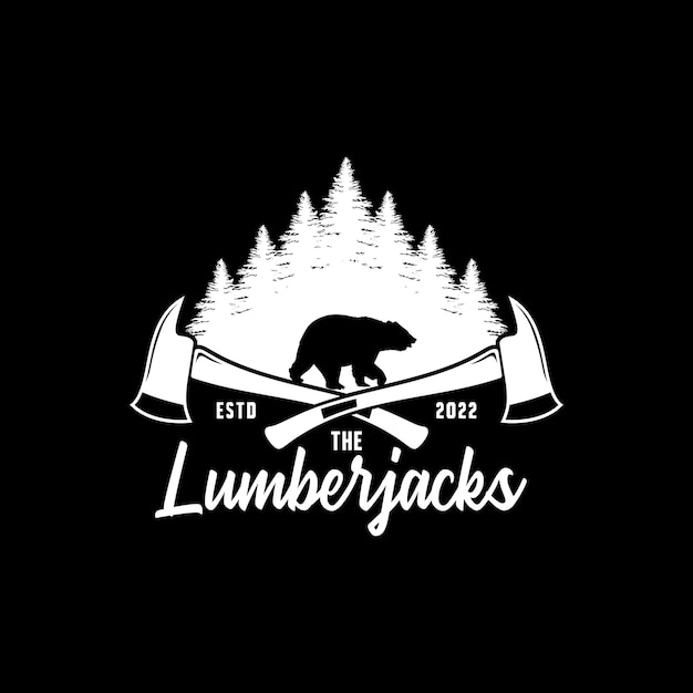 Logo drwali z niedźwiedziem, lasem i skrzyżowanym toporem Projekt etykiety wektorowej do projektowania tshirt