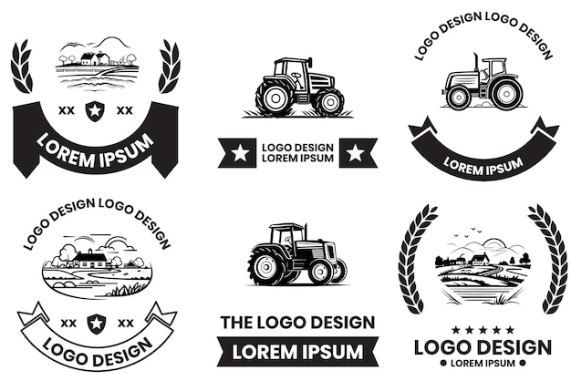 Logo Farm I Pól W Stylu Sztuki Płaskiej Linii Izolowane Na Tle