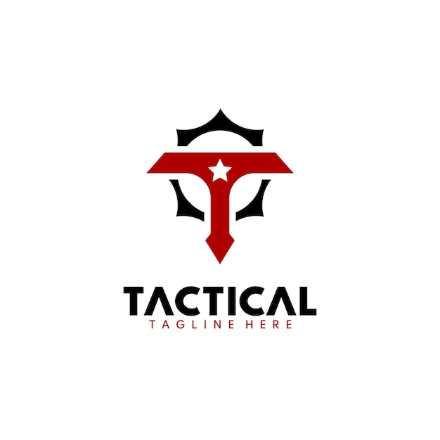 Plik wektorowy logo firmy produkującej sprzęt taktyczny będące logo militarnym logo tactical shield z literą t