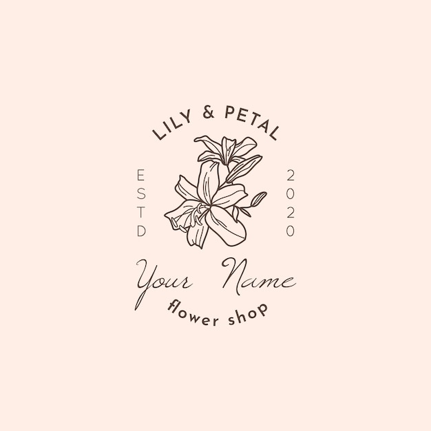 Logo Flower Shop W Minimalistycznym, Liniowym Stylu. Wektor Godło Kwiatu Lilii.