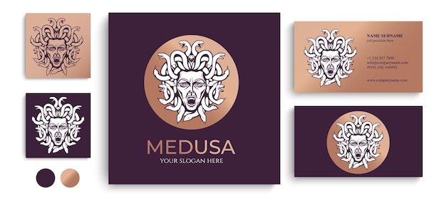 Logo gorgony Meduzy Głowa kobiety z wężami Ochronny amulet Logo dla różnych kierunków Grafika wektorowa