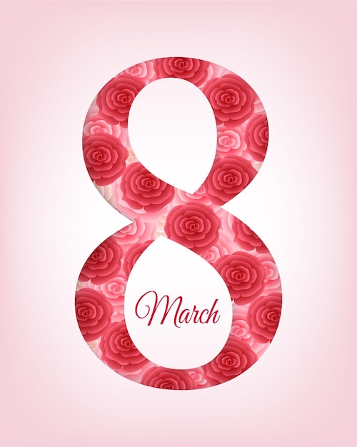 Logo Happy Women's Day Międzynarodowy Dzień Kobiet 8 Marca Numer Ozdobiony Czerwonymi Różami