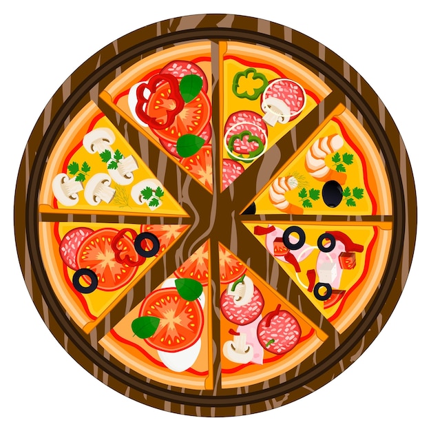 Logo ilustracji wektorowych dla całego okrągłego trójkąta gorącej pizzy z menu pizzerii Pizza na desce składniki do pizzerii na tablicę jedzenie w pudełku Smaczna włoska pizza z pizzerii