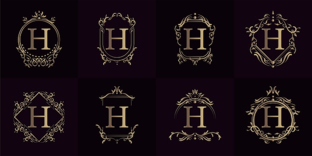 Logo Inicjału H Z Luksusowym Ornamentem Lub Ramką Kwiatową, Kolekcja Kompletów