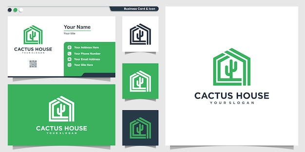 Logo Kaktusa Z Nowoczesnym Stylem Domu I Projektem Wizytówki, Szablon